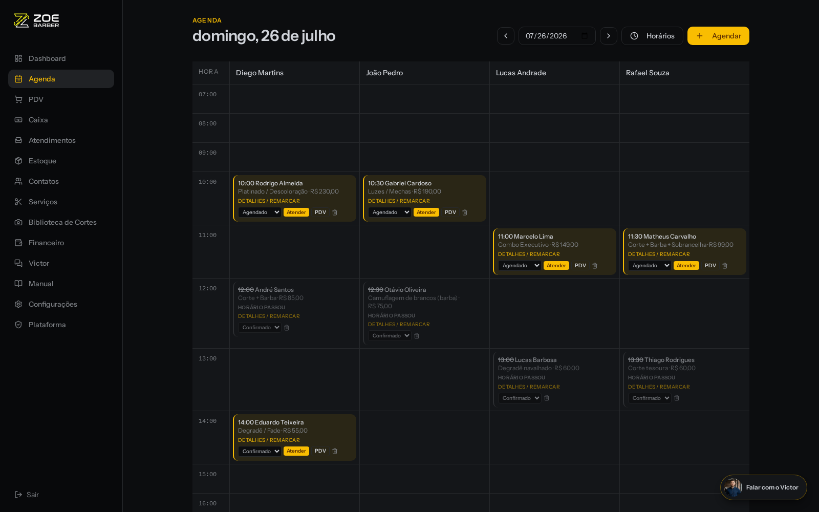 Agenda do Zoe Barber com grade por profissional