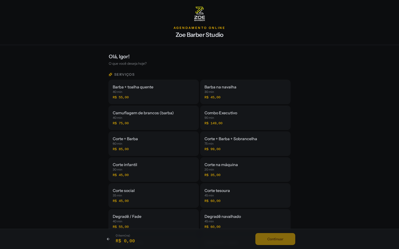 Tela de autoatendimento e agendamento online da barbearia