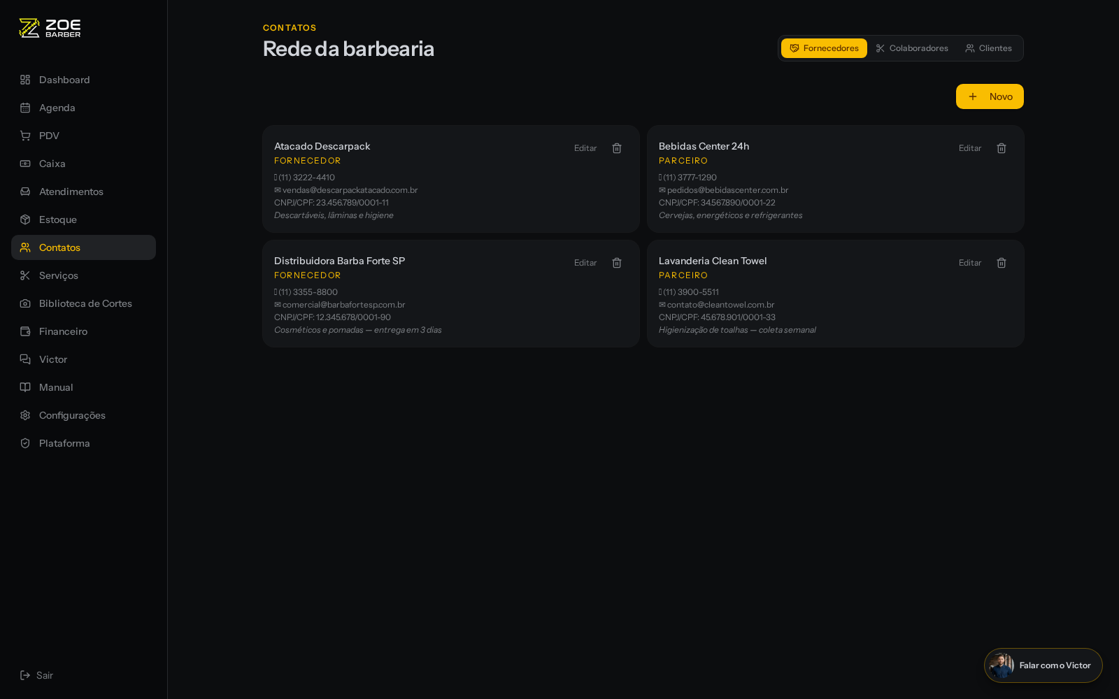 Tela de contatos com fornecedores e parceiros da barbearia