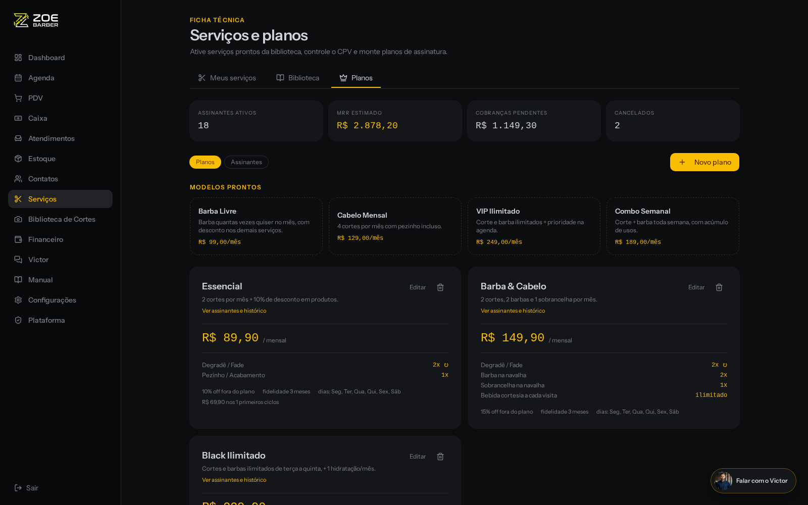 Construtor de planos de assinatura com MRR e assinantes ativos